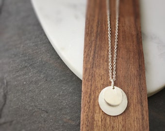 Circle On Circle Silver Necklace, Two Silver Charms Necklace, Simple Modern Jewelry,