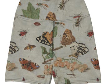 The Moth-ly Crew Yoga and Swim Shorts | Vintage Botanical Biker Shorts with Pocket | Splashd Insect Print Activewear with UPF 50+