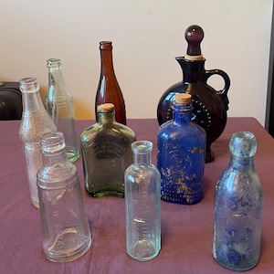 Vintage colored and clear bottles - Colored Old Glass Bottles, Vintage Chemist & Poison Bottles