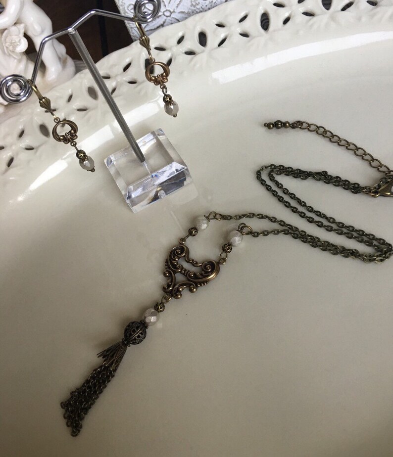 Ivory Tassel Golden Luster Czech Glass Crystals Antiqued Brass Beaded Vintage Jewelry Set Victorian Handmade Necklace Earrings