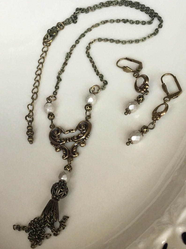 Ivory Tassel Golden Luster Czech Glass Crystals Antiqued Brass Beaded Vintage Jewelry Set Victorian Handmade Necklace Earrings