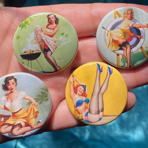 Set of 4 Iconic Pinup Girls 1.5&quot; Pinback Buttons - Retro Vibes, Girly Stocking Stuffers, Nostalgic Holiday Gift, Cute Vargas Pin Up Style