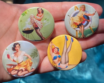 Set of 4 Iconic Pinup Girls 1.5&quot; Pinback Buttons - Retro Vibes, Girly Stocking Stuffers, Nostalgic Holiday Gift, Cute Vargas Pin Up Style