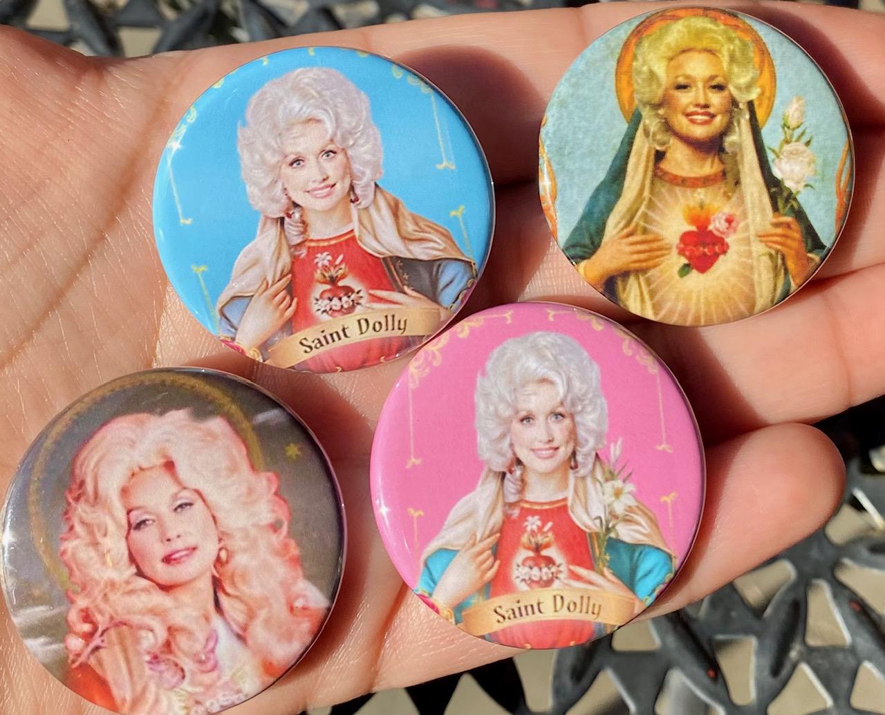 Set of 4 Saint Dolly 1.5" Pinback Buttons | Dolly Fan Pins | Fun Country Music Queen Musical Icon Stocking Stuffer