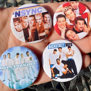 Set of 4 90s Boy Bands Album Covers 1.5&quot; Pinback Buttons Retro Music Gift - Vintage Band Merch - Collectible 90s Music Fan Buttons Pop Music