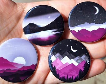 Set van 4 subtiele aseksuele trots 1,5" pinback-knoppen discrete, schilderachtige landschapsontwerpen aaskous kleinigheidjes cadeau-ideeën LGBTQIA-badgeset