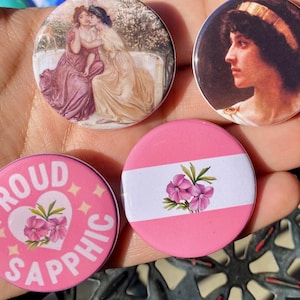 Set of 4 Sapphic Lesbian 1.5&quot; Pinback Buttons | LGBTQ+ Pride Pins | WLW Sappho Proud | Queer Visibility | Stocking Stuffers Erinna Gay Flag