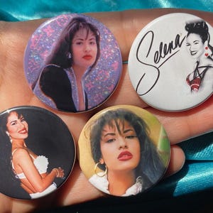 Set of 4 90s Selena Quintanilla 1.5&quot; Pinback Buttons - Tejano Music Icon - Retro Millennial Gift Idea Stocking Stuffer Latina Pop Culture