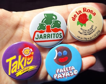 Mexican Treats 1.5" Pinback Buttons | Mexican Pride Pins | Latino Culture | Unique Gift Idea Chicano Nostalgia Latina Gifts