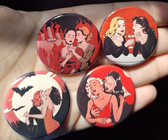 Set of 4 Sapphic Lesbian 1.5" Pinback Buttons | LGBTQ+ Pride Pins | WLW Proud | Queer Visibility | Halloween Comic Book Style Retro Vampires