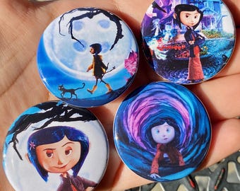 Coraline Inspired 1.5" Pinback Buttons - 1.5" Cute Girly Stocking Stuffers Halloween Gift Idea Button Eyes Creepy Fantasy Movie