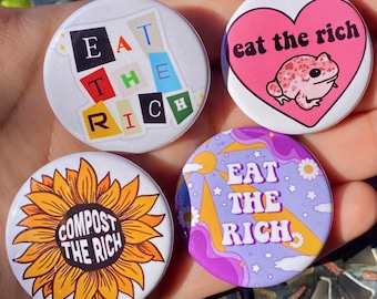 Set of 4 Eat the Rich 1.5" Pinback Buttons | Political Protest Accessories | Social Justice Pins | Anti-Capitalism | Bold Statement Gift