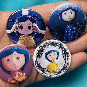 Set of 4 Coraline Inspired 1.5&quot; Pinback Buttons - 1.5&quot; Cute Girly Stocking Stuffers Holiday Gift Idea Button Eyes Creepy Fantasy Movie