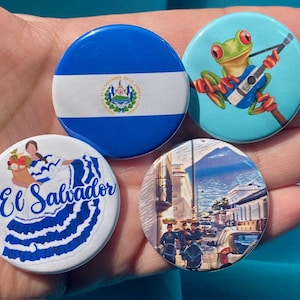 El Salvador Pride 1.5" Metal Pinback Buttons Salvadorena Salvadoreno Inspired Latino Flag Button Set Stocking Stuffer Christmas Gift Idea