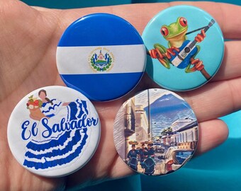 El Salvador Pride 1.5" Metal Pinback Buttons Salvadorena Salvadoreno Inspired Latino Flag Button Set Stocking Stuffer Christmas Gift Idea