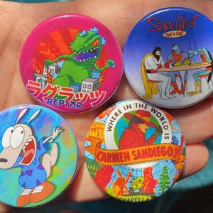 Set of 4 90s Cartoon Inspired 1.5" Pinback Buttons - 1.5" Cute Gift Idea Millennial Nostalgia Space Ghost Reptar Carmen Sandiego Retro TV