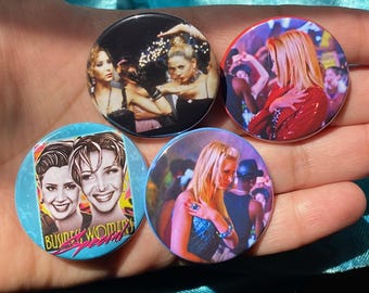 Romy & Michele Inspired 1.5" Pinback Buttons - 1.5" Cute Girly Stocking Stuffer Holiday Gift Idea 90s Millennial Girl Movie Reunion