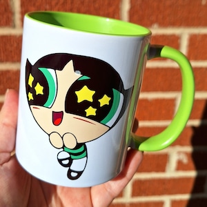 Buttercup Powerpuff Girls Mug 11oz – 90s Cartoon Nostalgia Cup Bold Green Coffee Cup for Millennials Retro Gift for Her Pop Culture Fans