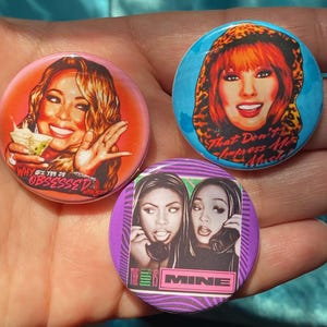 Set of 3 Ladies of the 90s 1.5&quot; Pinback Buttons - 1.5&quot; Cute Girly Stocking Stuffers Holiday Gift Idea Millennial Nostalgia Pop Music Queens