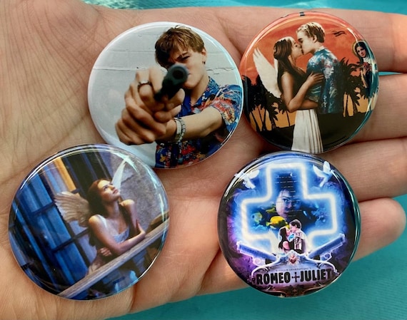 Set of 4 90s Romeo + Juliet Inspired 1.5" Pinback Buttons - Retro 90s Movie Nostalgia, Cute Gift, Vintage Aesthetic Badges, Claire & Leo