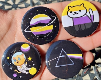 Subtle Non Binary 1.5" Pinback Buttons | Nonbinary Pride Pins | Gender Neutral | LGBTQ+ Empowerment | Gender Identity Discreet Cats
