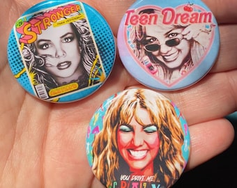 Set of 3 90s Britney 1.5&quot; Pinback Buttons - 1.5&quot; Cute Girly Stocking Stuffers Holiday Gift Millennial Nostalgia Pop Culture Music Princess