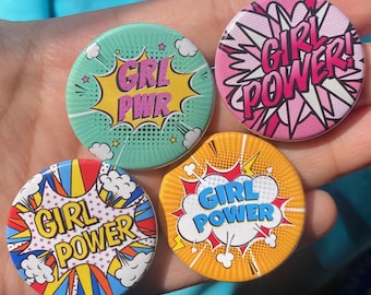 Set of 4 Comic Book Style Girl Power 1.5" Pinback Buttons - 1.5" Cute Girly Stocking Stuffers Holiday Gift Idea for Feminist Empowerment