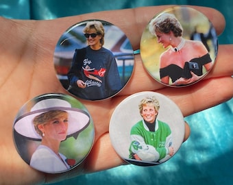 Set of 4 90s Princess Di 1.5&quot; Pinback Buttons Fashion Icon Retro Millennial Gift Stocking Stuffer Pop Culture Princess Diana Memorabilia