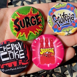 Set of 4 90s Drinks 1.5&quot; Pinback Buttons | Millennial Nostalgia | Surge Fruitopia Retro Beverages | Vintage Drink Pins | Fun Collectibles