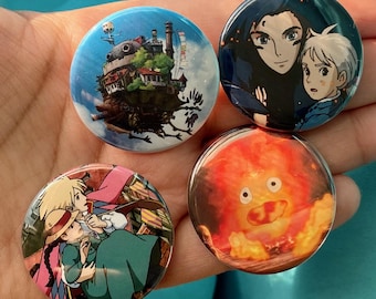 Howl's Moving Castle Inspired 1.5" Pinback Buttons - Cute Ghibli Gift Idea Retro Anime Fantasy Wizard Howl Sophie Calcifer