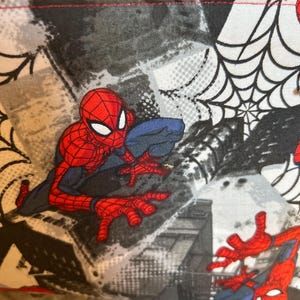 Puede incluir: Una bolsa roja con cremallera con un dise&ntilde;o de Spider-Man. La bolsa tiene una cremallera roja y un fondo negro, blanco y gris con gr&aacute;ficos de Spider-Man y telara&ntilde;as. La bolsa est&aacute; hecha de tela.