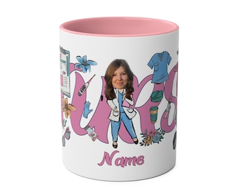 May include: White ceramic mug with a pink rim. The mug features a pink and white illustration of a nurse with medical supplies and the word "Nurse" with the name "Name" below.