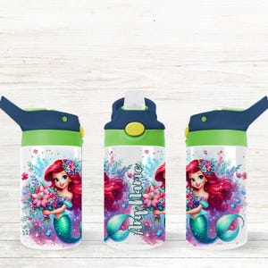 Lilla sjöjungfrun rostfritt stål flaska med fällbart lock – 350 ml barnmugg bild 2