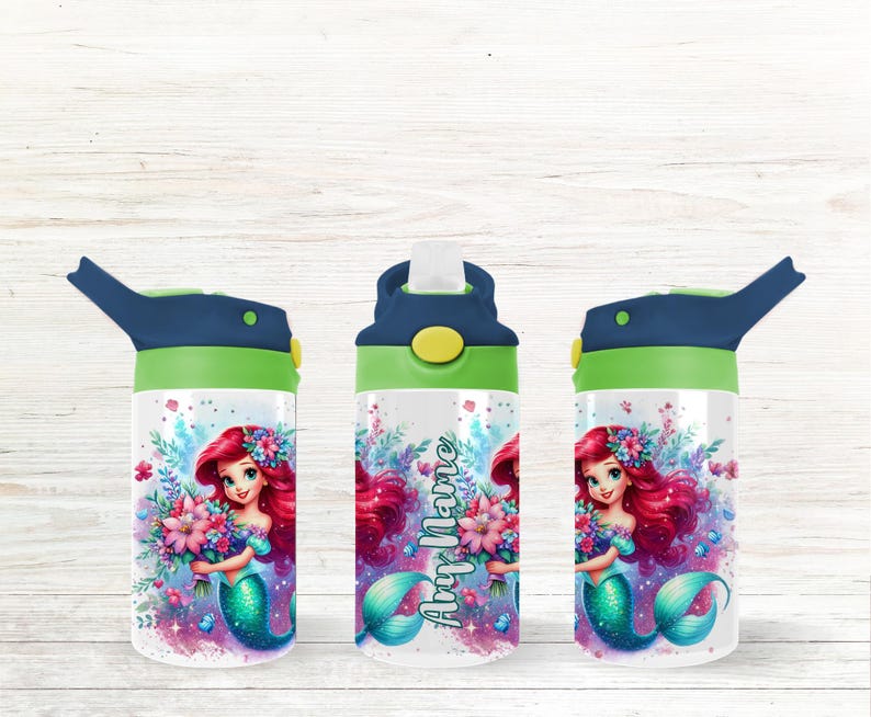 Lilla sjöjungfrun rostfritt stål flaska med fällbart lock – 350 ml barnmugg bild 2