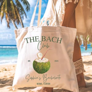 Custom The Bach Club Tote Bag, Beach Bachelorette Gift, Miami Bride Bag, Bridesmaid Beach Tote Bag, Summer Bachelorette Party Favor Bag