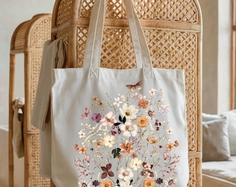Vintage Pressed Wildflower Tote Bag, Floral Tote Bag, Gift For Women Tote Bag, Birthday Gift Bag,Gift For Women,Gift For Mom