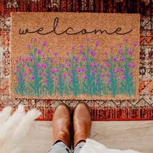 Wildflower Welcome Doormat, Floral Front Door Mat, Housewarming Gift,Coir Doormat, Cute Spring Porch Decor, Welcome Mat,Spring Doormat