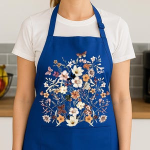 Floral Pocket Apron with Butterfly Print for Women | Unique Cotton Apron with Flowers Rising from Pocket | Artistic Kitchen Gift Idea