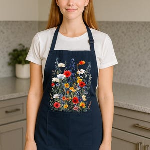 Floral Pocket Apron with Butterfly Print for Women | Unique Cotton Apron with Flowers Rising from Pocket | Artistic Kitchen Gift Idea