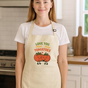 Funny kitchen apron love you from my head tomatoes foodie gift for cook chef gardener pun lover cooking humor for kitchen or Valentine