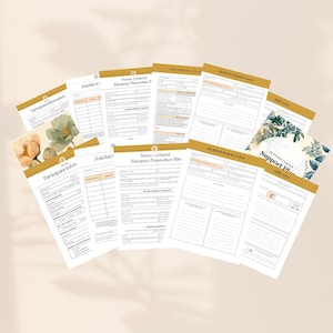 Peut inclure: Un ensemble de formulaires imprimables pour créer un plan de préparation aux urgences centré sur la personne. Les formulaires comprennent des sections pour les informations sur les participants, les horaires, les contacts d'urgence et les plans de soutien. Les formulaires sont décorés d'illustrations florales et d'un schéma de couleurs or et blanc.