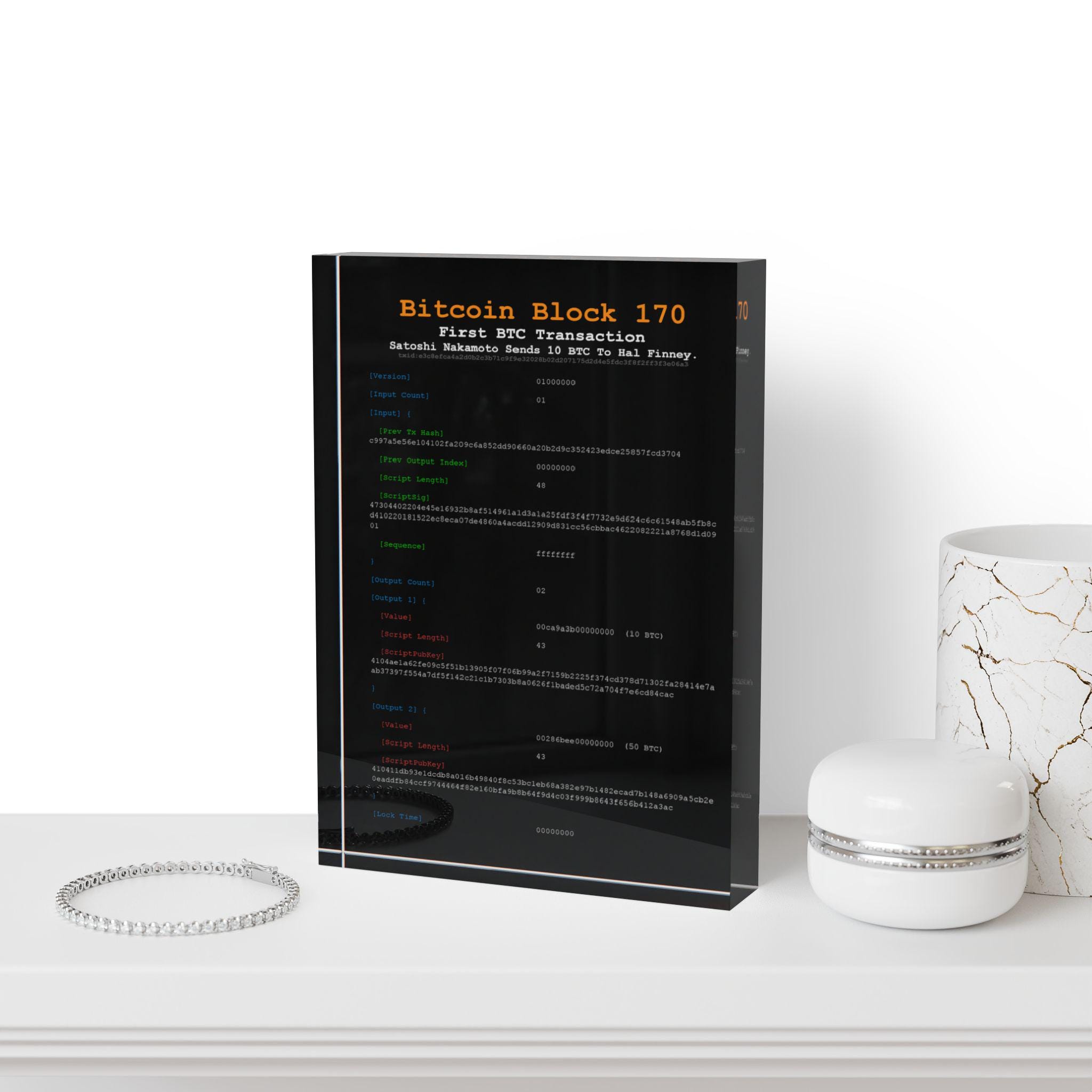 Satoshi to Hal Finney | First Bitcoin Transaction Block 170 | Bitcoin Art  Gift | BTC Display | Collectible Decor | Crypto - Etsy New Zealand