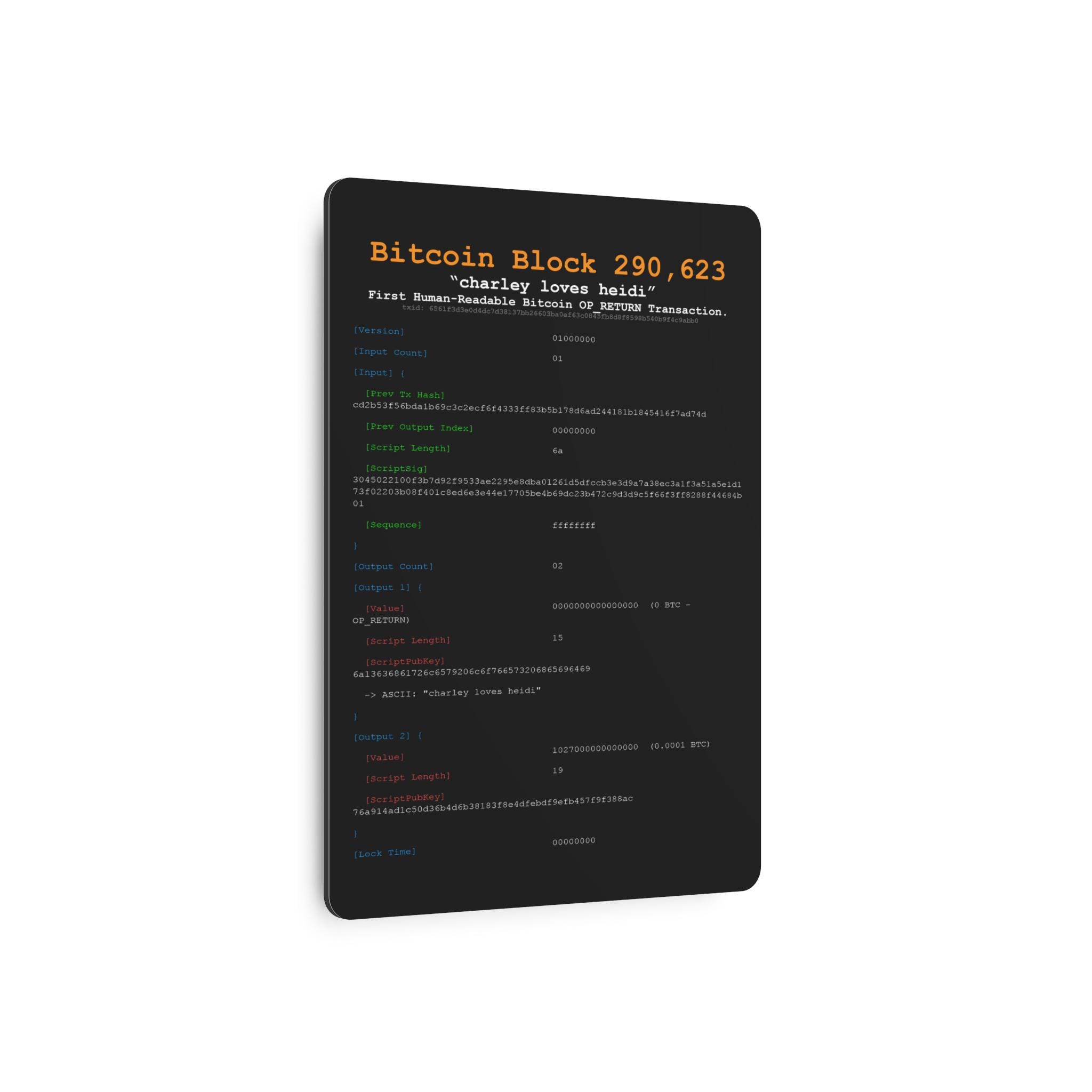 Charley Loves Heidi | First Bitcoin OP_RETURN Transaction | Historic BTC  Metadata | Black Metal Wall Art | Crypto Gift | Bitcoin Dev Decor - Etsy  Israel
