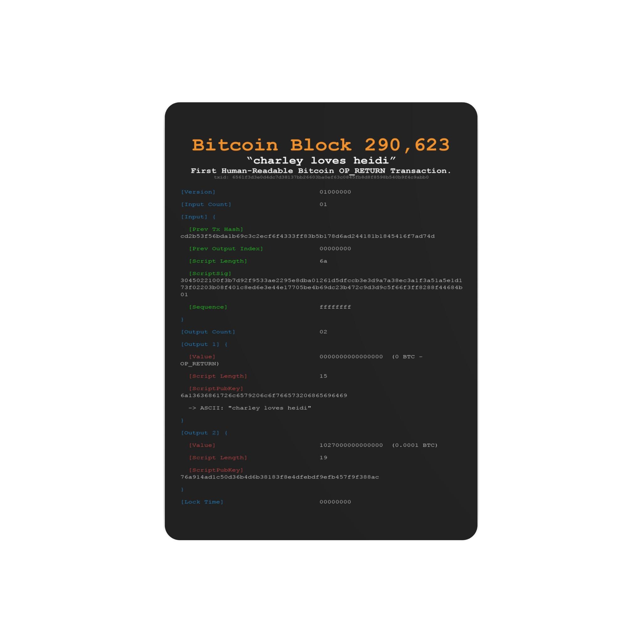 Charley Loves Heidi | First Bitcoin OP_RETURN Transaction | Historic BTC  Metadata | Black Metal Wall Art | Crypto Gift | Bitcoin Dev Decor - Etsy  Israel