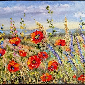 ORIGINAL Painting Oil Impasto Painting RED POPPIES Field Wildflowers 100% Hand-Made Floral Painting Wall Art Impressionism Artwork