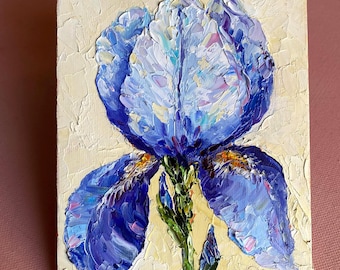 Iris Flower Oil Painting original: Impasto Floral Art, 7x5" Canvas board.