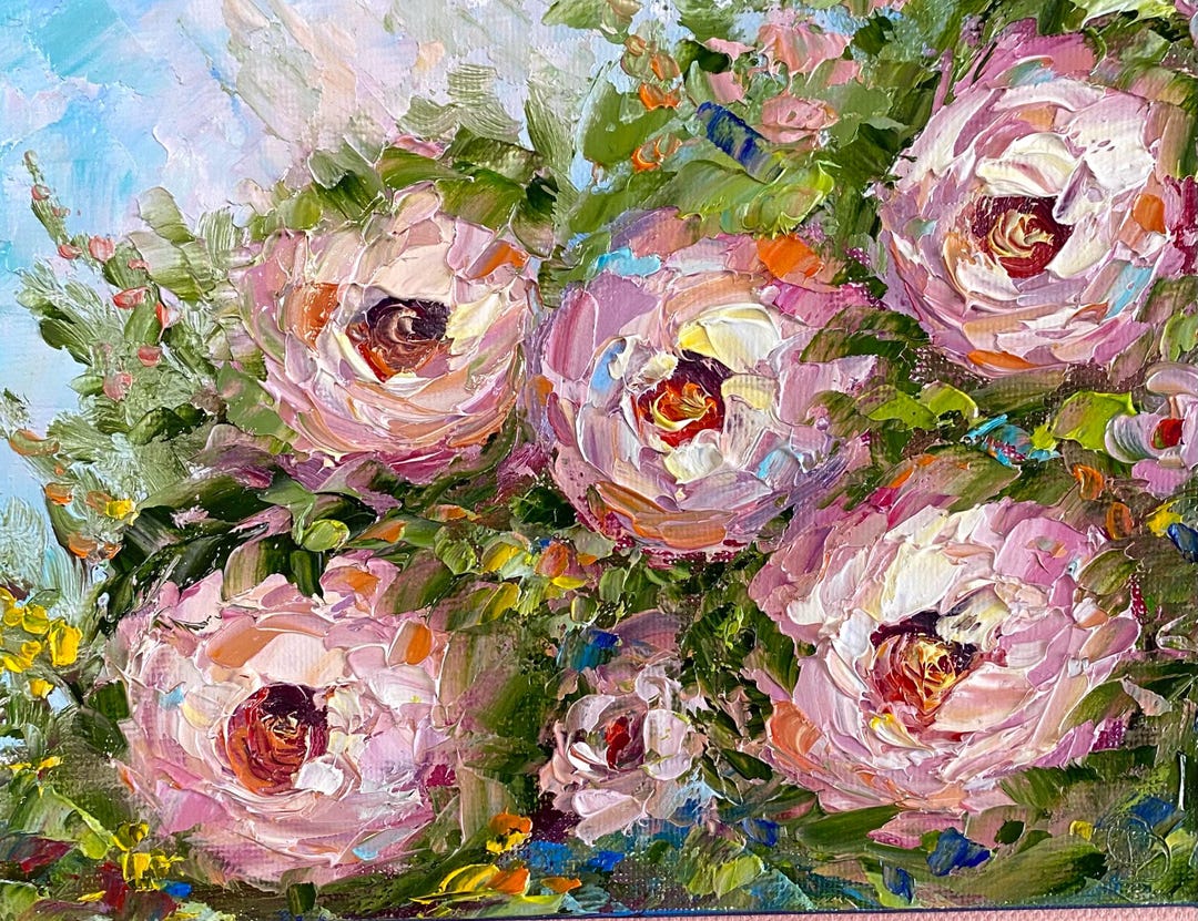 Pink Roses Oil Painting: Floral Impasto Art, 7x5 In - Etsy