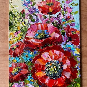 Red Poppies Oil Painting: Impasto Floral Art, 6x4 in
