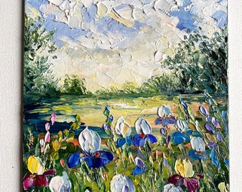Irises Flower Oil Painting original: Impasto Floral Art, 7x5" Canvas board.