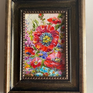 Original Red Poppies Oil Painting: Impasto Floral Art (6x4 in)